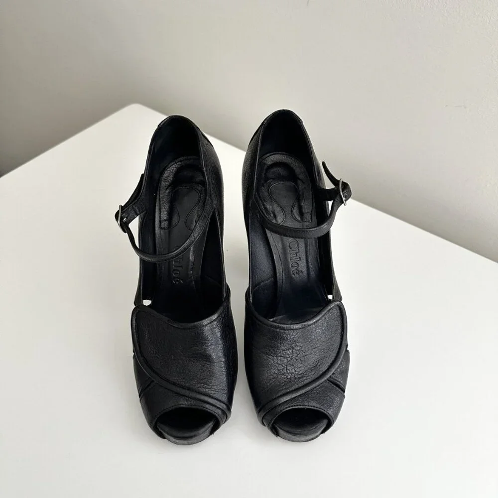 Vintage CHLOE Black Leather Ankle Strap Mary Jane Platform Heels Size 38.5